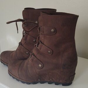 Sorel Joan Of Artic Wedge Women's Brown Leather Boots Size 8.5